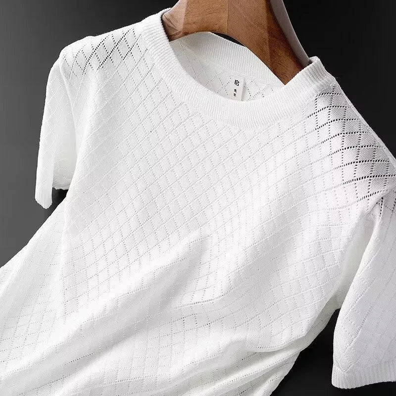 Men's black ice silk V-neck t-shirt with cut-out design on white background