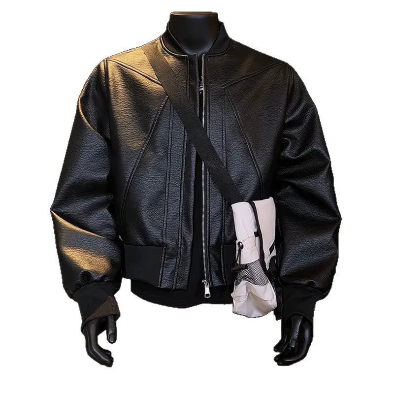 Men's black PU leather jacket with egg white texture and litchi grain pattern, extended 100cm length