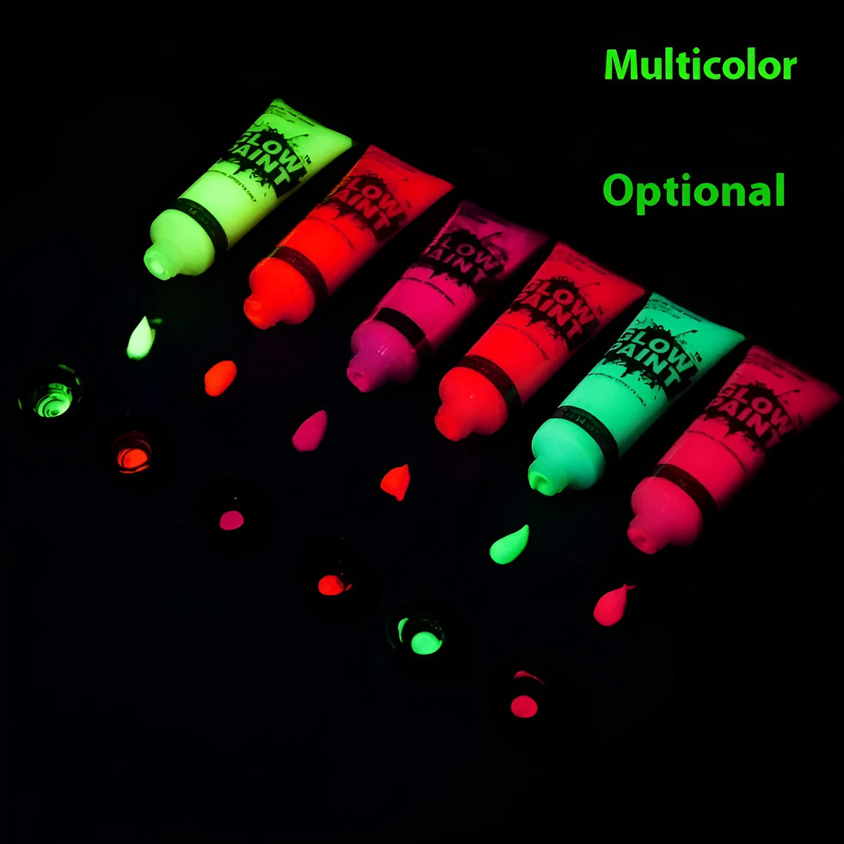 Close-up of a neon green face paint tube with hose applicator on a colourful design.