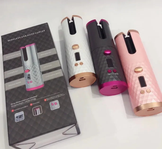 White automatic wireless USB charging curling iron with gold ceramic barrel