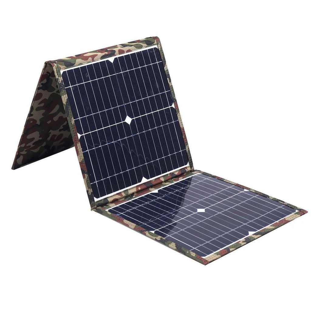 Black foldable 36W portable solar panel with USB outputs for device charging