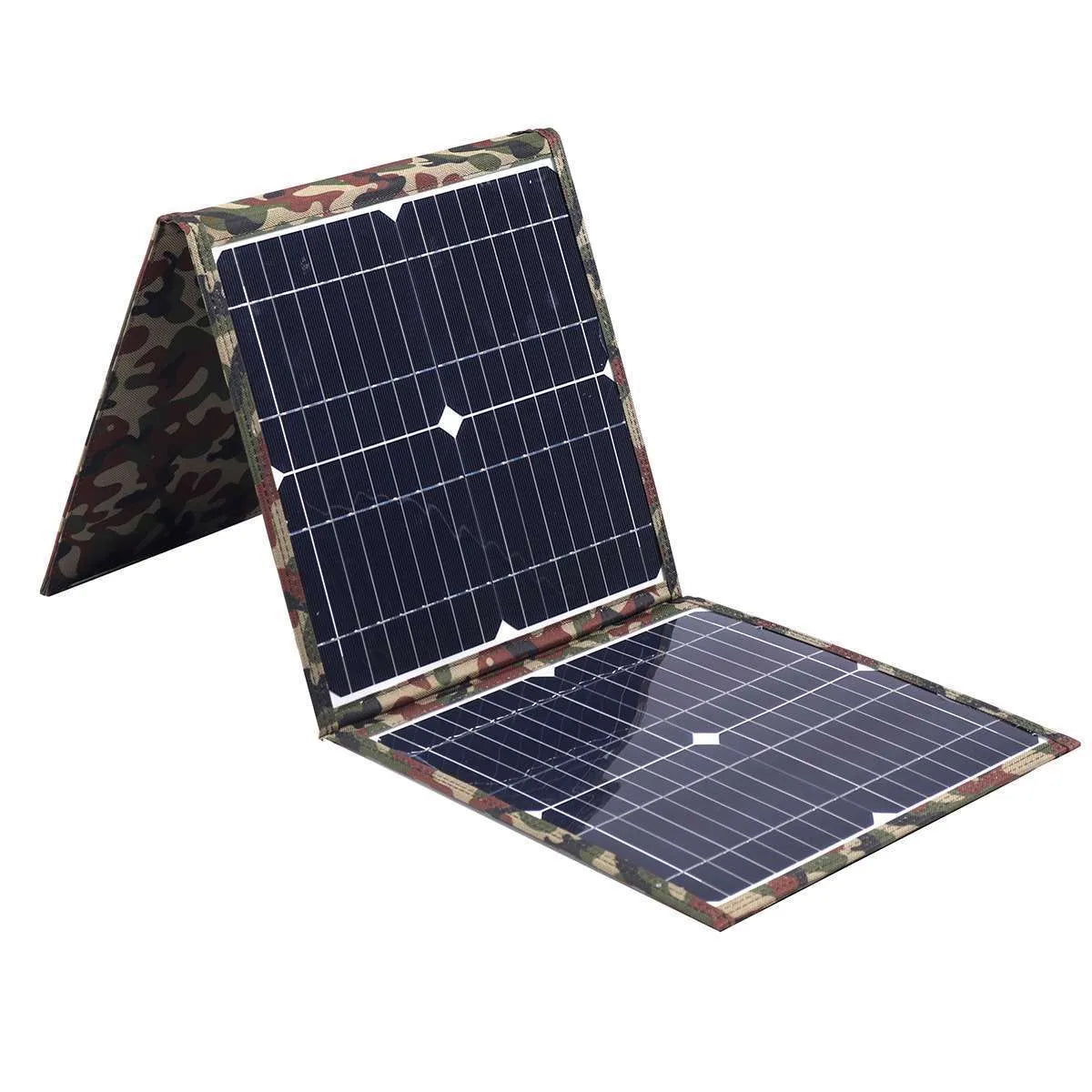 Black foldable 36W portable solar panel with USB outputs for device charging