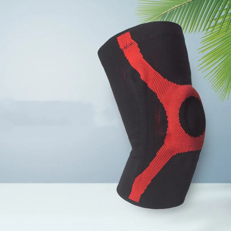 Grey and red silicone non-slip sports kneecaps for running and climbing.