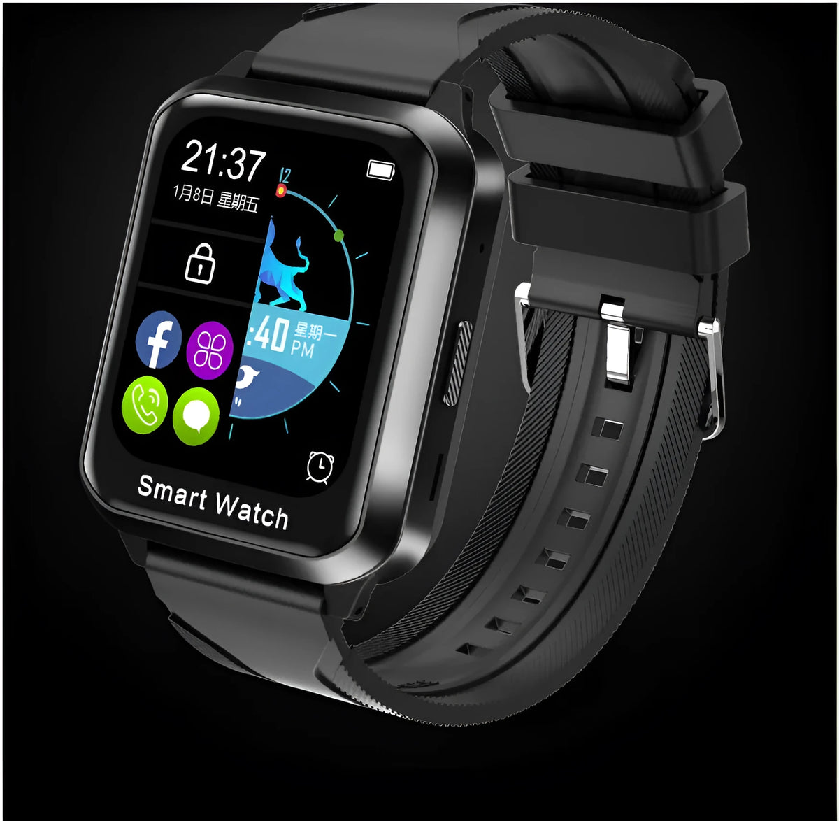Black smart bracelet with 1.78-inch split screen display showing Bluetooth call interface and password lock