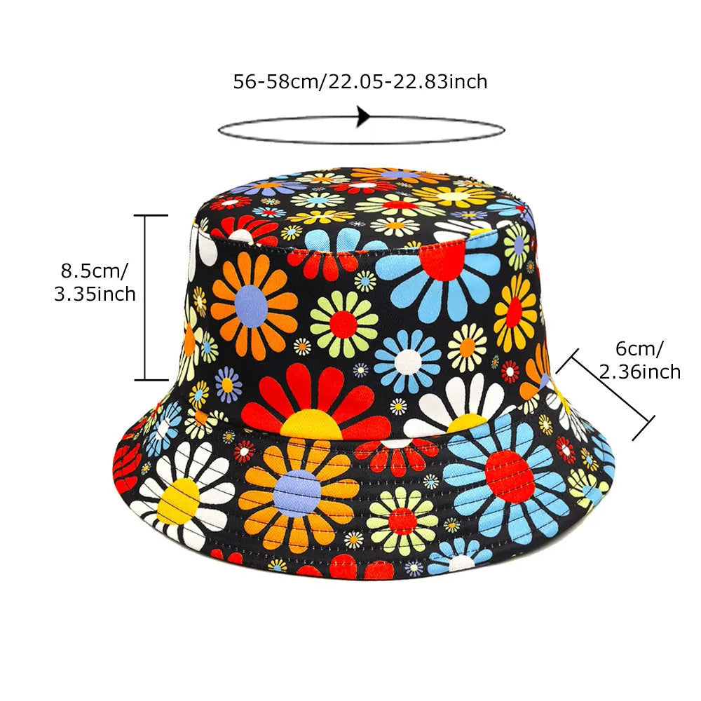 Polyester bucket hat with colourful flower pattern and dome crown