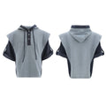 Man wearing a grey hooded short-sleeve sports jacket with textured stitching and black trousers.