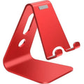 Aluminium alloy universal phone holder in black, red, rose gold, and silver colours for tablets and mobile phones.