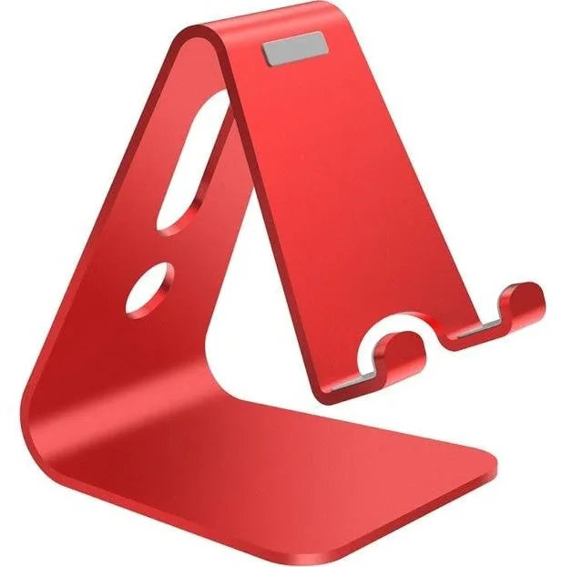 Aluminium alloy universal phone holder in black, red, rose gold, and silver colours for tablets and mobile phones.