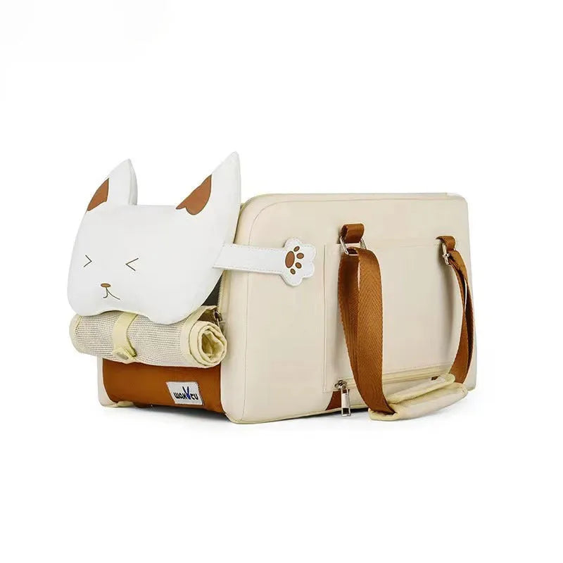Hard-sided beige pet carrier with EPE padding measuring 43x25x22.5cm for pets under 15kg