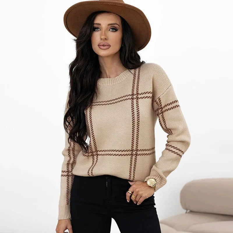Women's loose-fit plaid sweater with colour-block stripes in acrylic, shown in apricot colour.