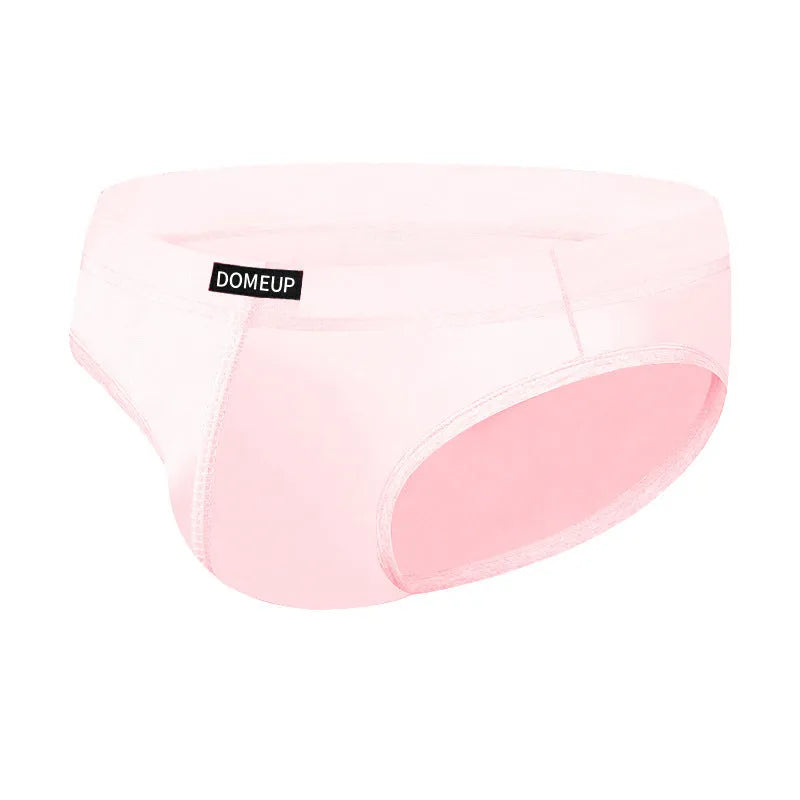 Men's solid colour low-waist seamless briefs in white, black, and pink on a size chart