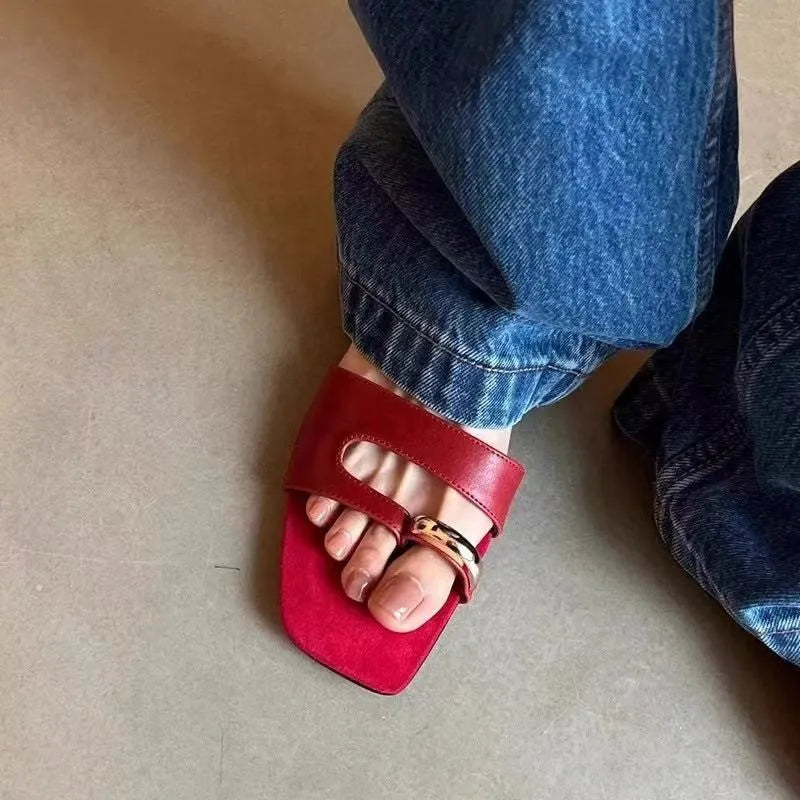 Leather and rubber square toe outdoor slippers shown in available colours