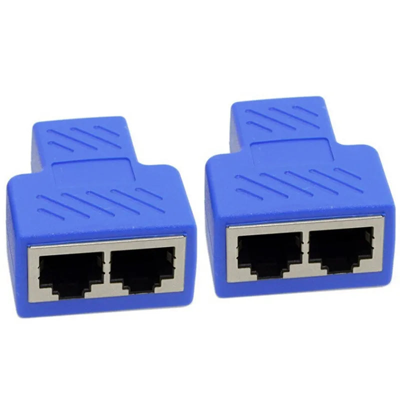 RJ45 network cable splitter adapter showing one input and two output ports in multiple colour options