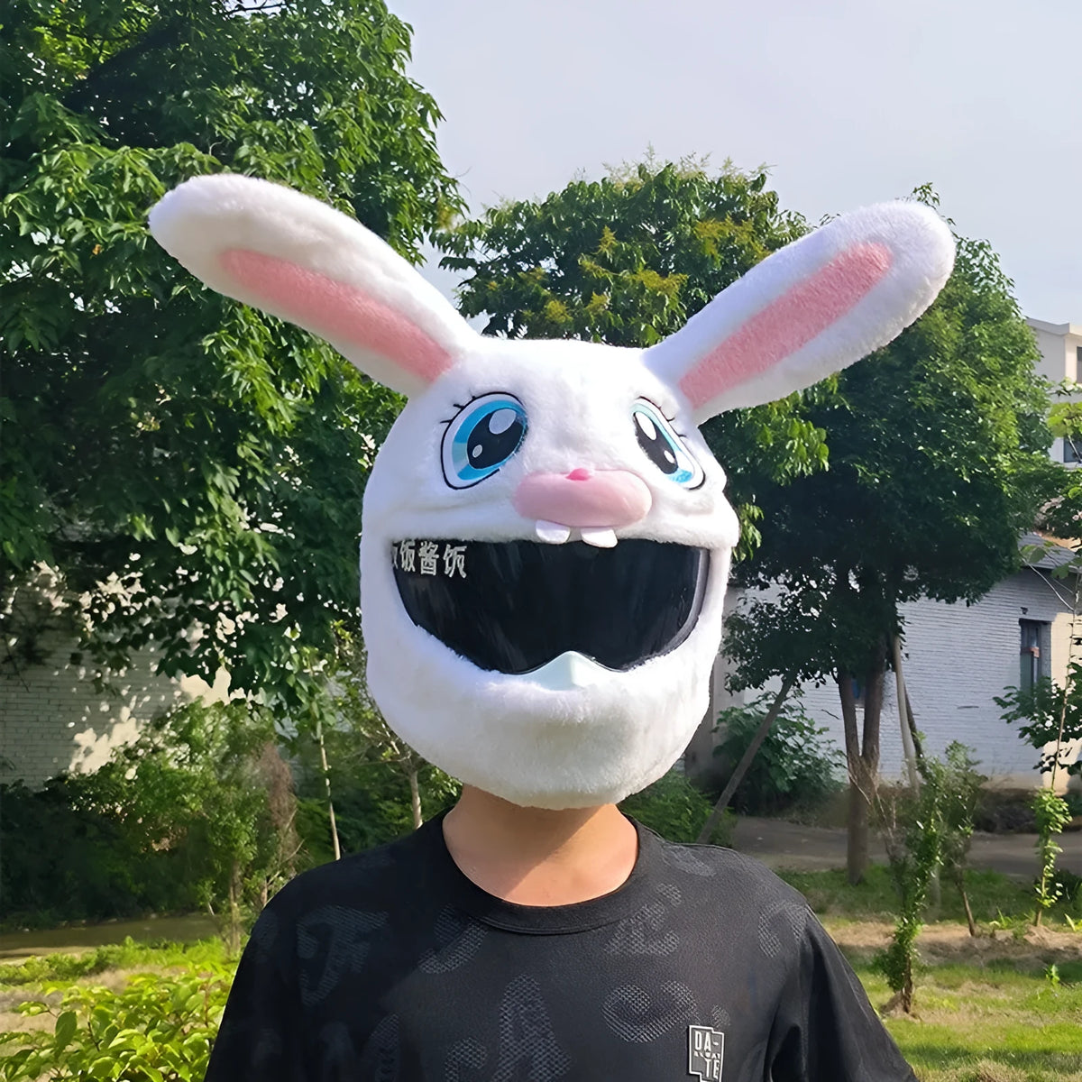 White rabbit head decorative cover on motorcycle helmet with long ears and plush pp cotton material