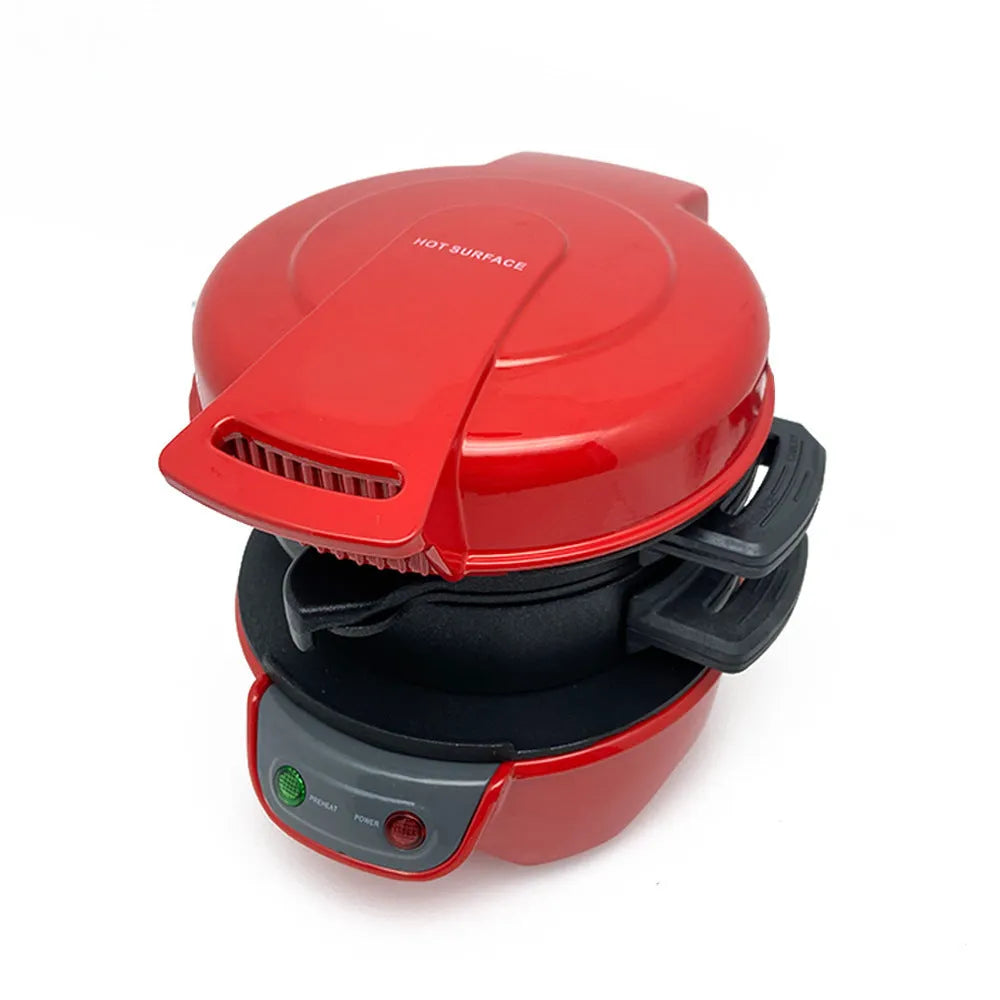 Bright red household breakfast machine with sandwich plates, egg cooker ring, and waffle plates on kitchen counter.
