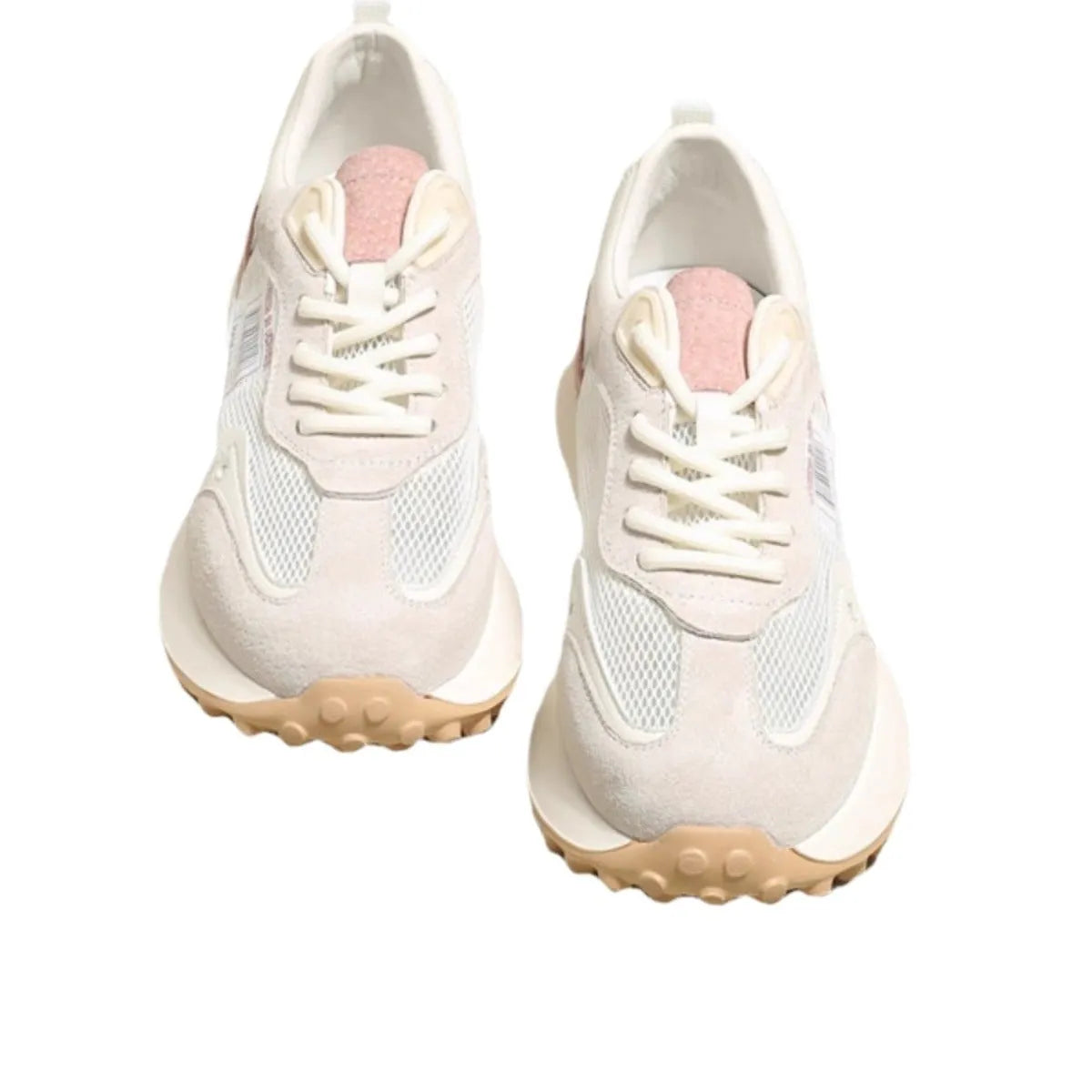 Women's grey and pink low-top retro sneakers with round toe and flat heel design