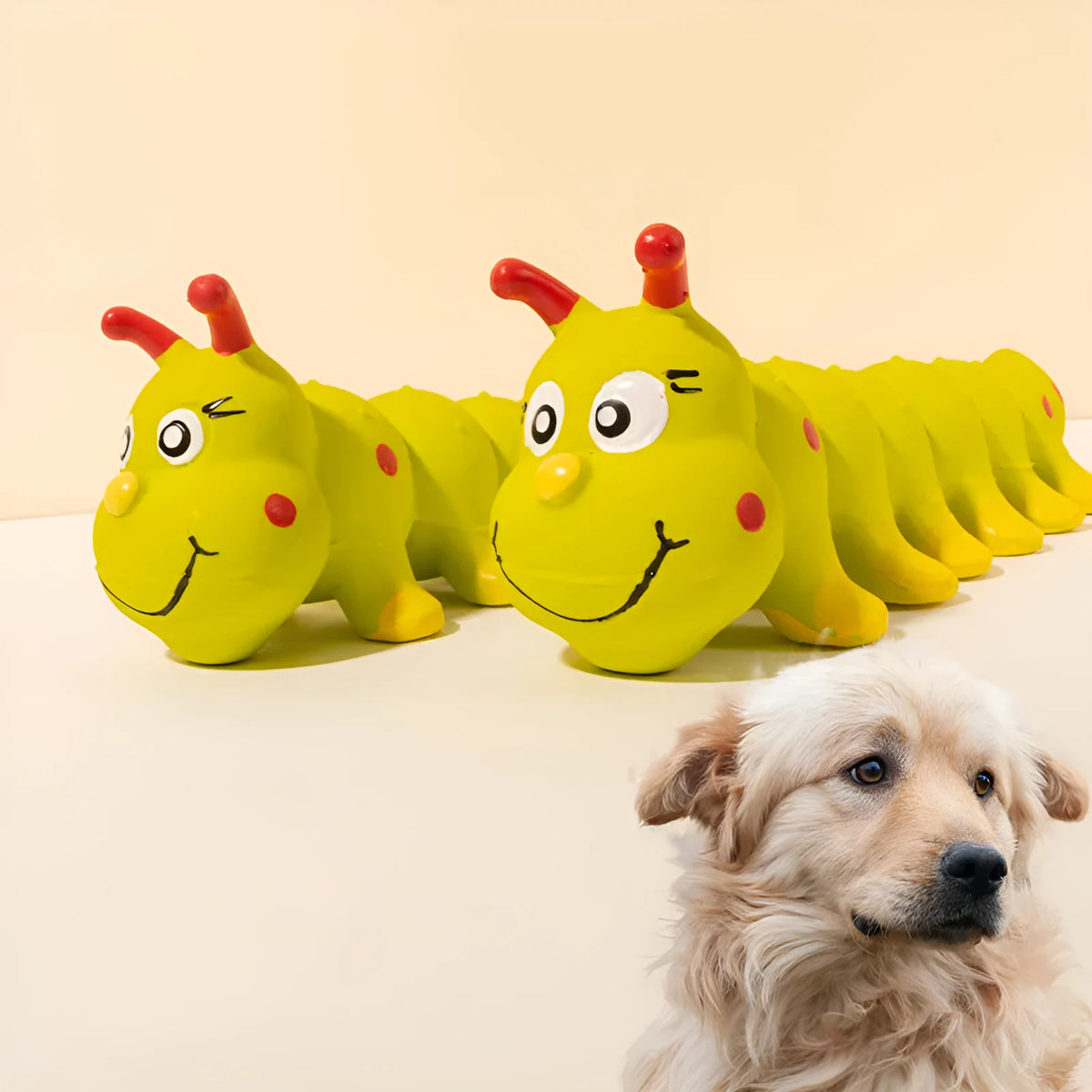 Yellow caterpillar-shaped rubber dog squeaky toy for small to medium breed dogs