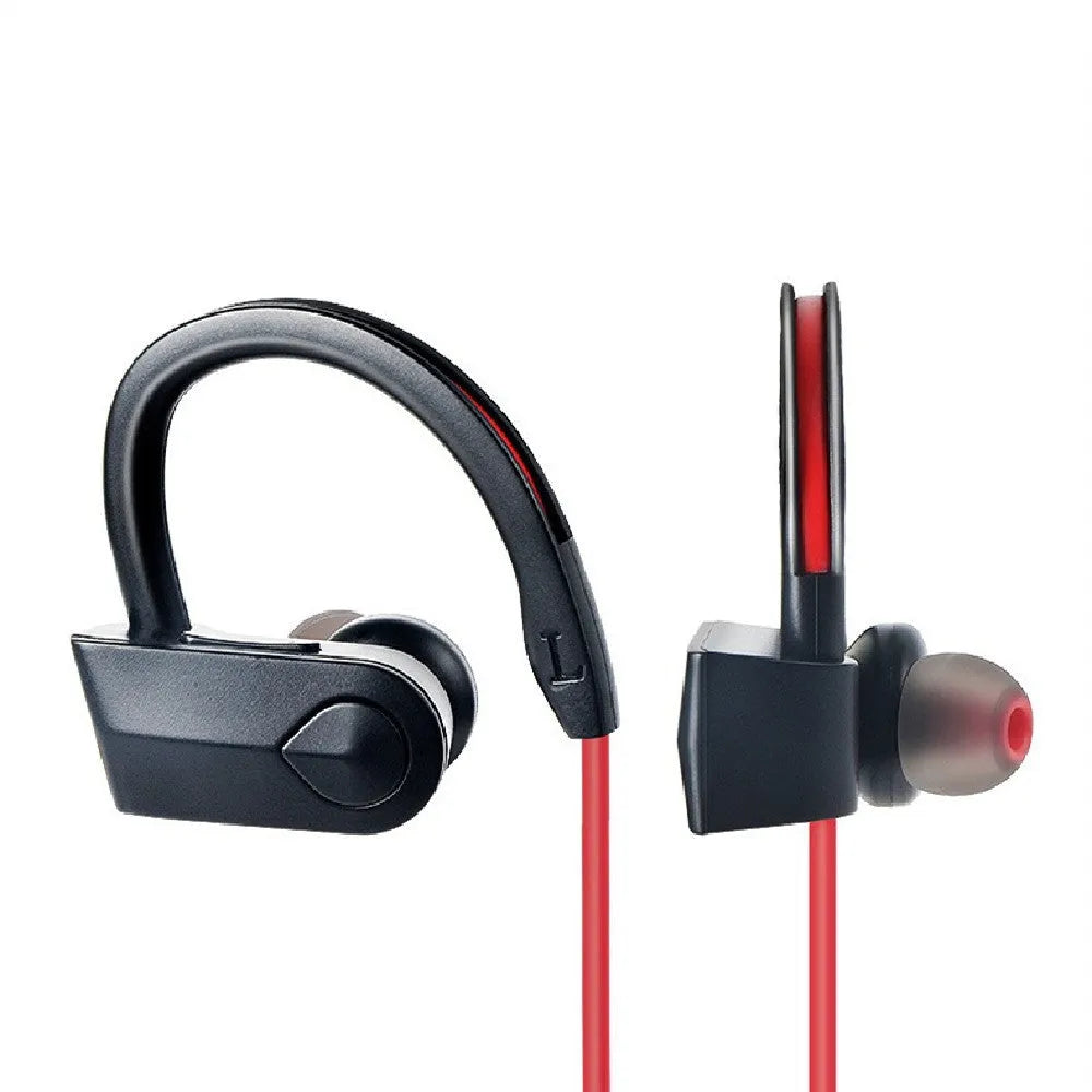 Black wireless neckband Bluetooth earphones with earbuds and a USB charging cable on a grey background.