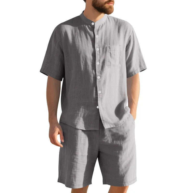 Men's linen-blend short-sleeve summer suit with Henry collar shirt and matching shorts