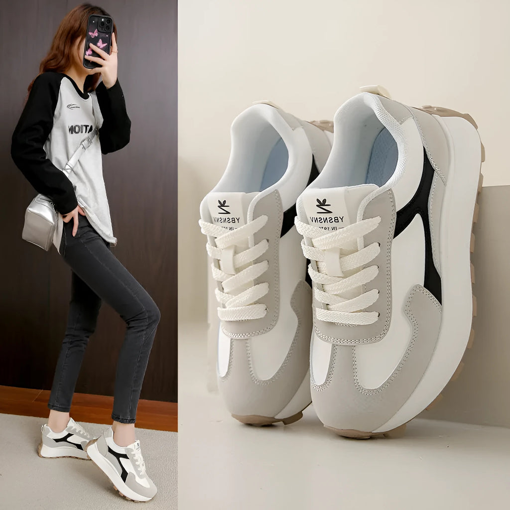 Women's low-top platform casual shoes in card black, khaki red, or white grey with lace-up front and rubber sole.