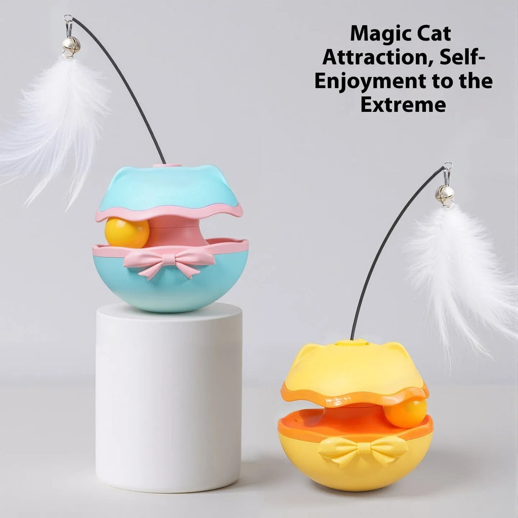 Electric self-righting cat toy tumbler in lemon yellow, sky blue, and soft fog grey colour options