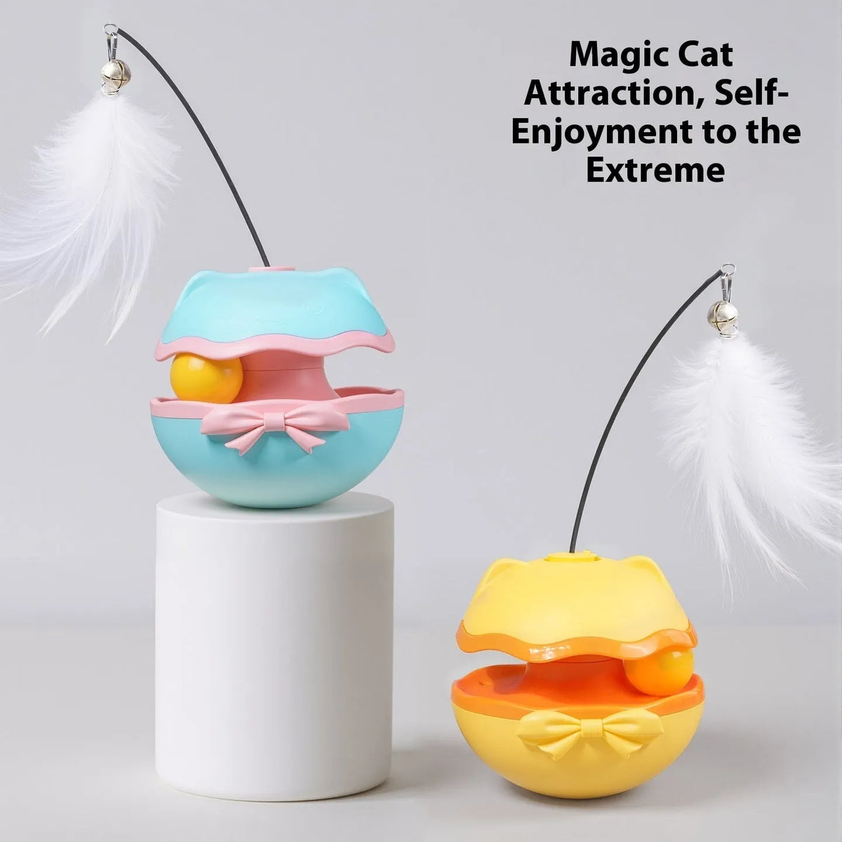 Electric self-righting cat toy tumbler in lemon yellow, sky blue, and soft fog grey colour options