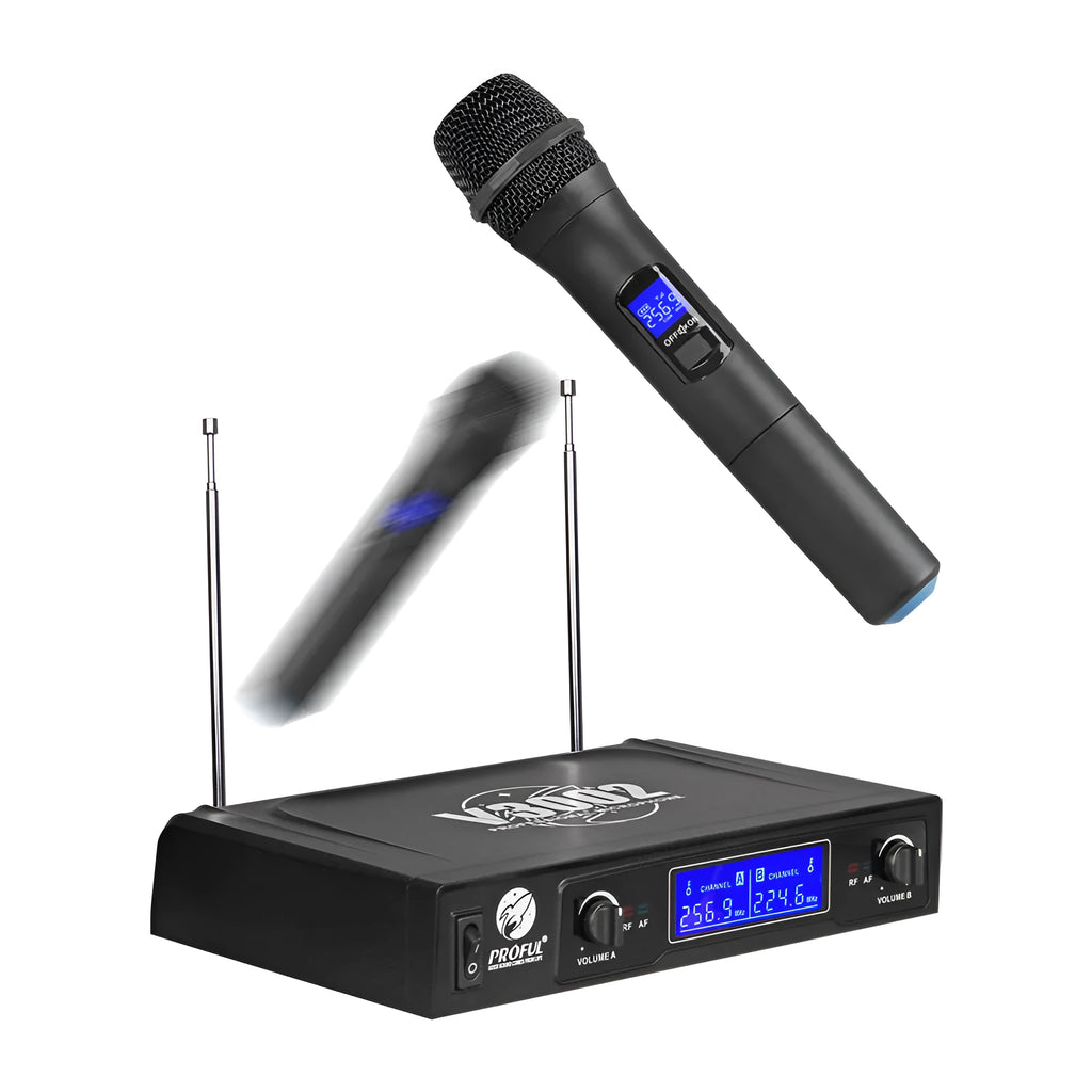 V-3002 wireless microphone system with two black handheld microphones and compact transmitter unit