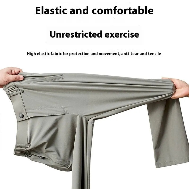 Man wearing black Ice Silk straight leg casual trousers with an elasticated waist.