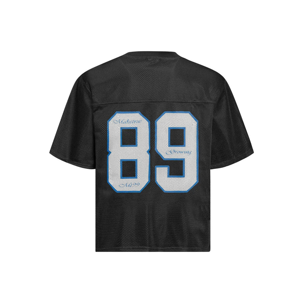 Black loose-fitting casual T-shirt with alphanumeric printing design on front