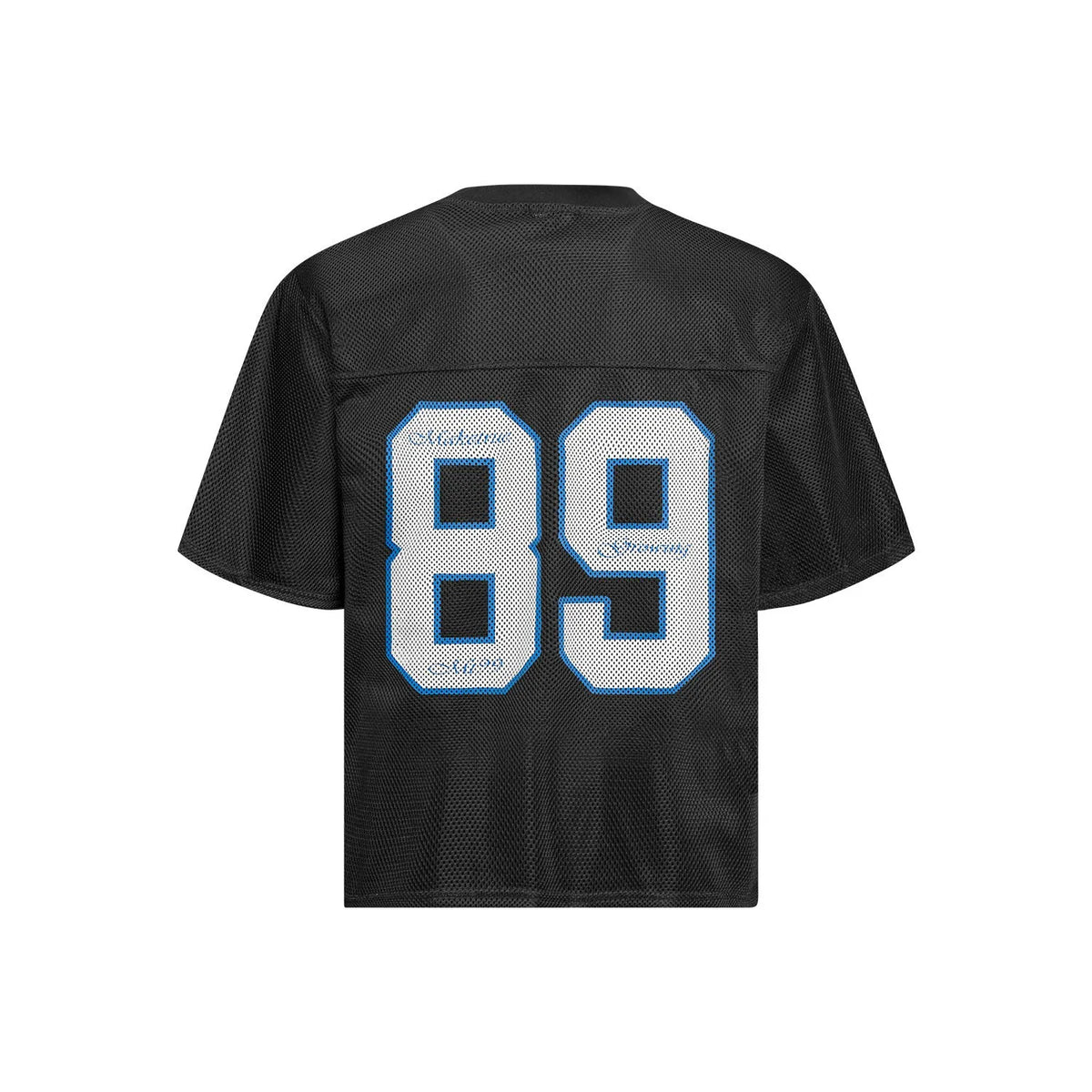 Black loose-fitting casual T-shirt with alphanumeric printing design on front