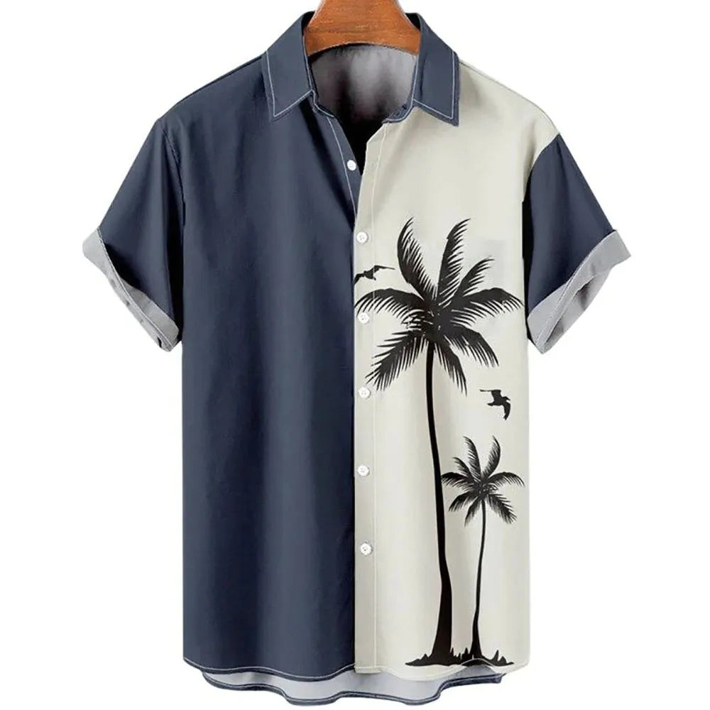 Men's slim-fit short sleeve shirt with a colourful 3D printed floral pattern on blue polyester fabric.