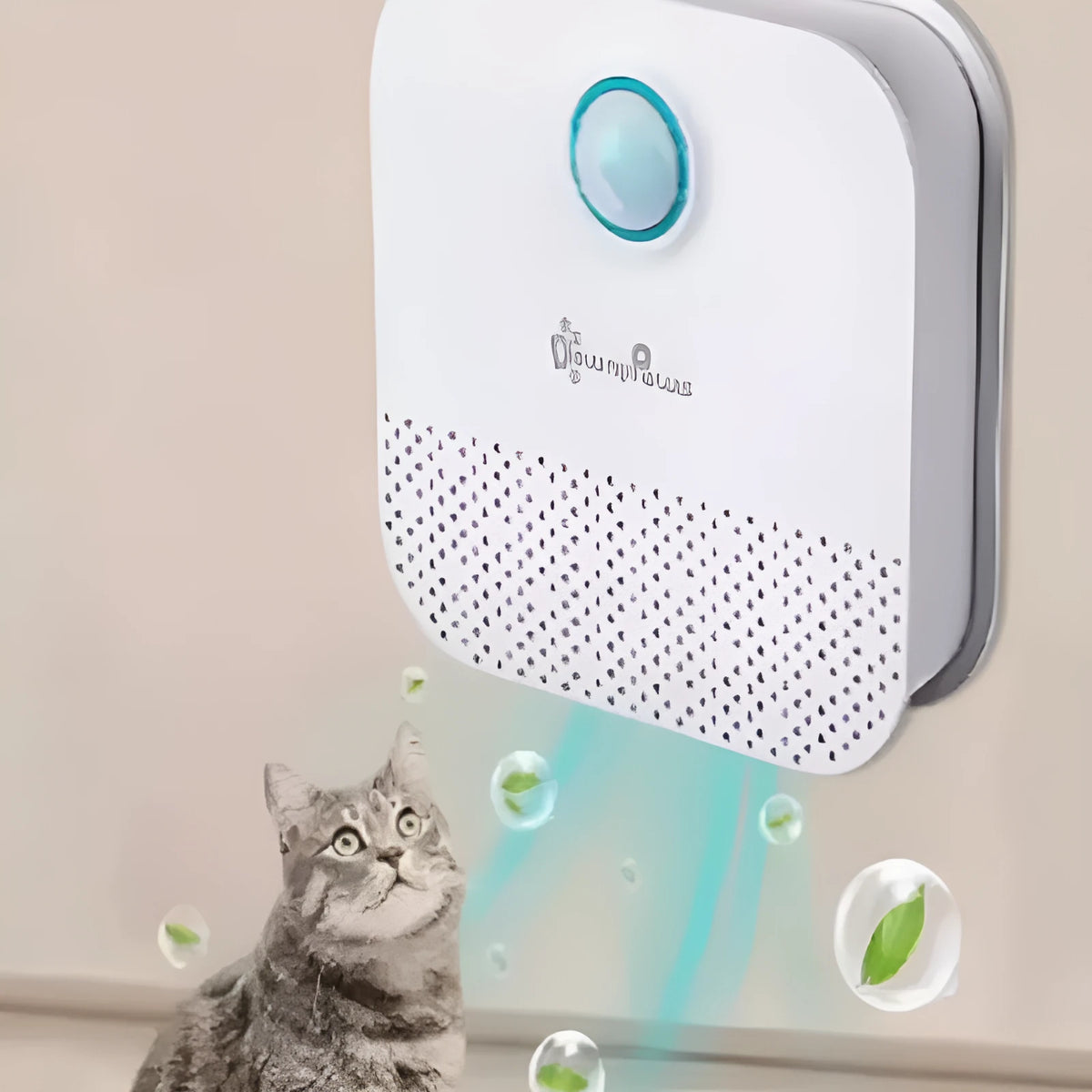 White DownyPaws smart cat odour purifier for litter boxes, showing compact design.