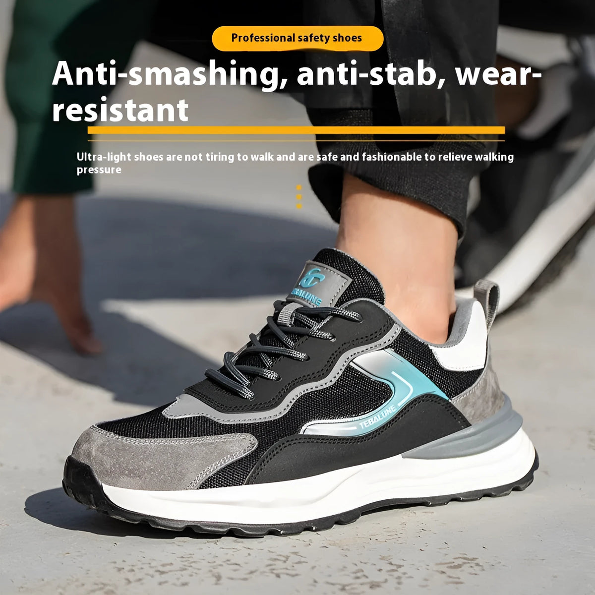 Men's low-top work shoes with plastic steel toe cap in suede and mesh construction, Four Seasons colour