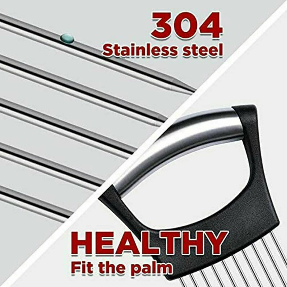 Stainless steel and ABS food slicer holder for onions and tomatoes, showing comfortable handle.