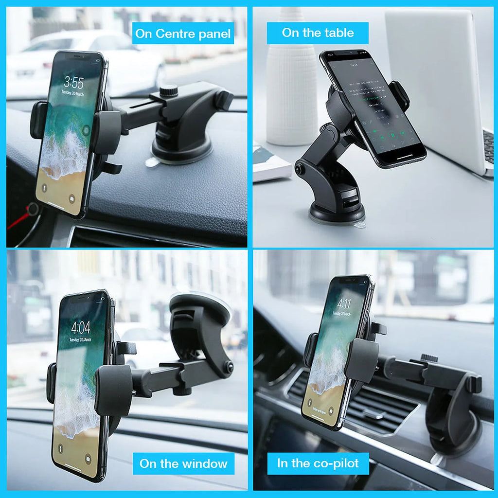 Yellow car phone holder with telescopic arm and suction cup mounted on dashboard showing 360-degree rotation