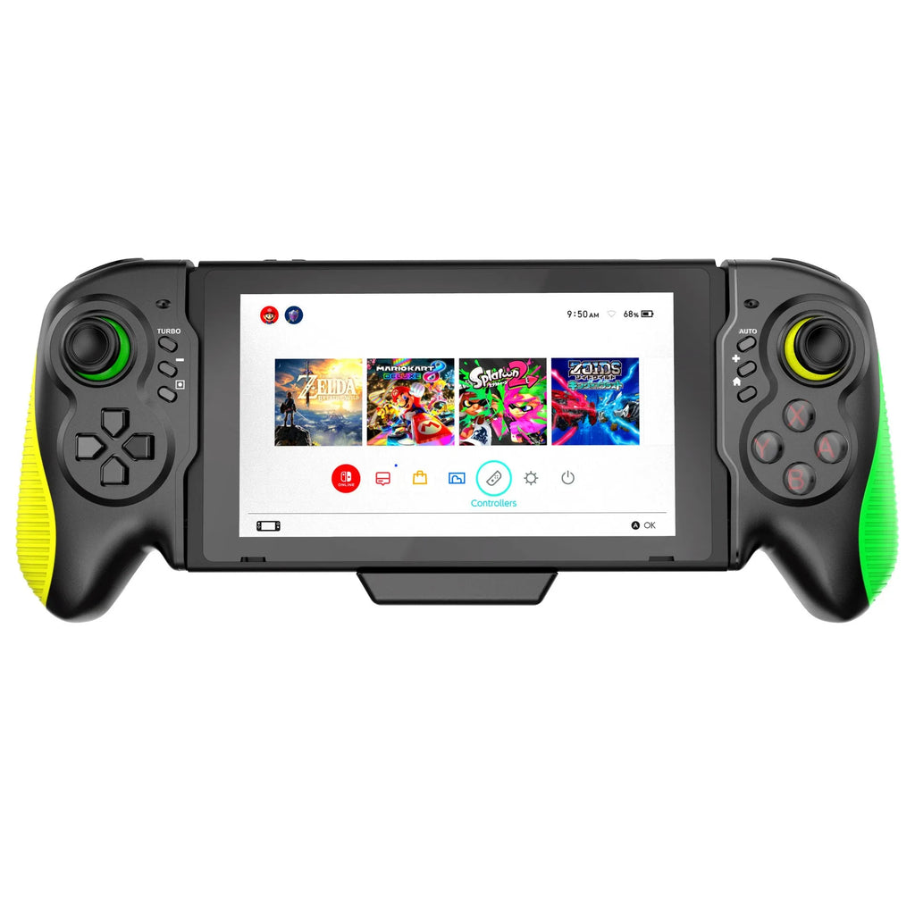 Yellow-green ABS game controller with in-line handles for Switch and PC gaming
