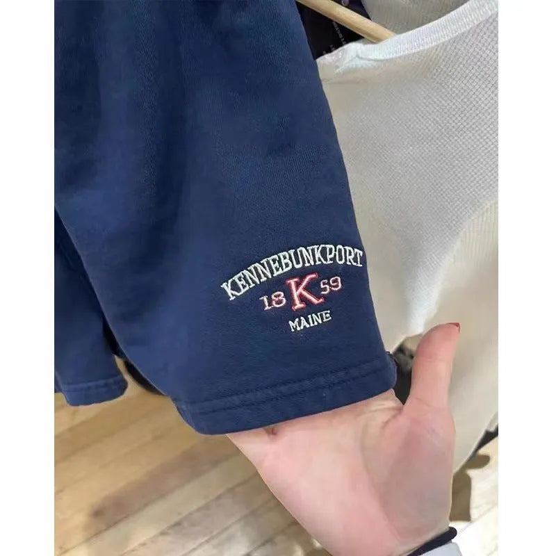 Dark blue cotton women's shorts with white flag embroidery and navy detailing in free size