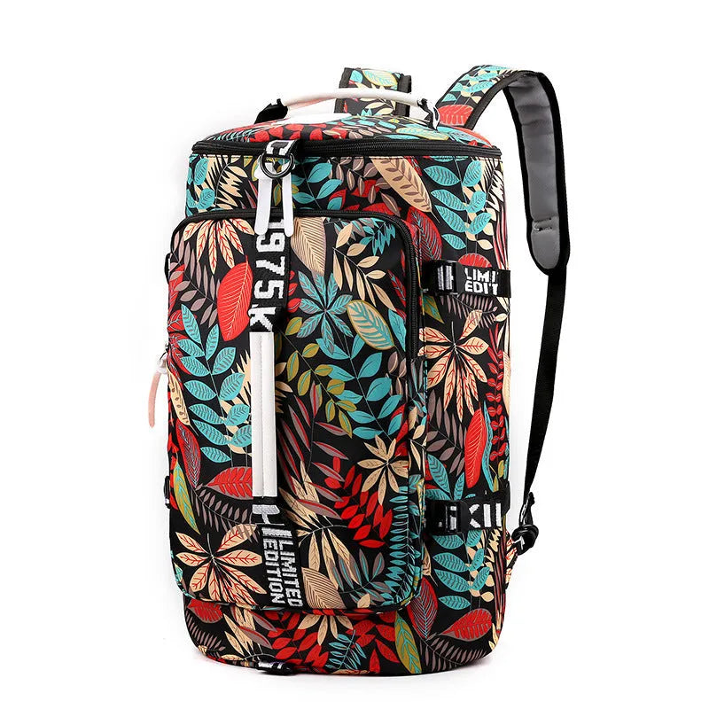 Black convertible nylon gym bag showing backpack, shoulder bag, and handbag modes with separate shoe compartment.