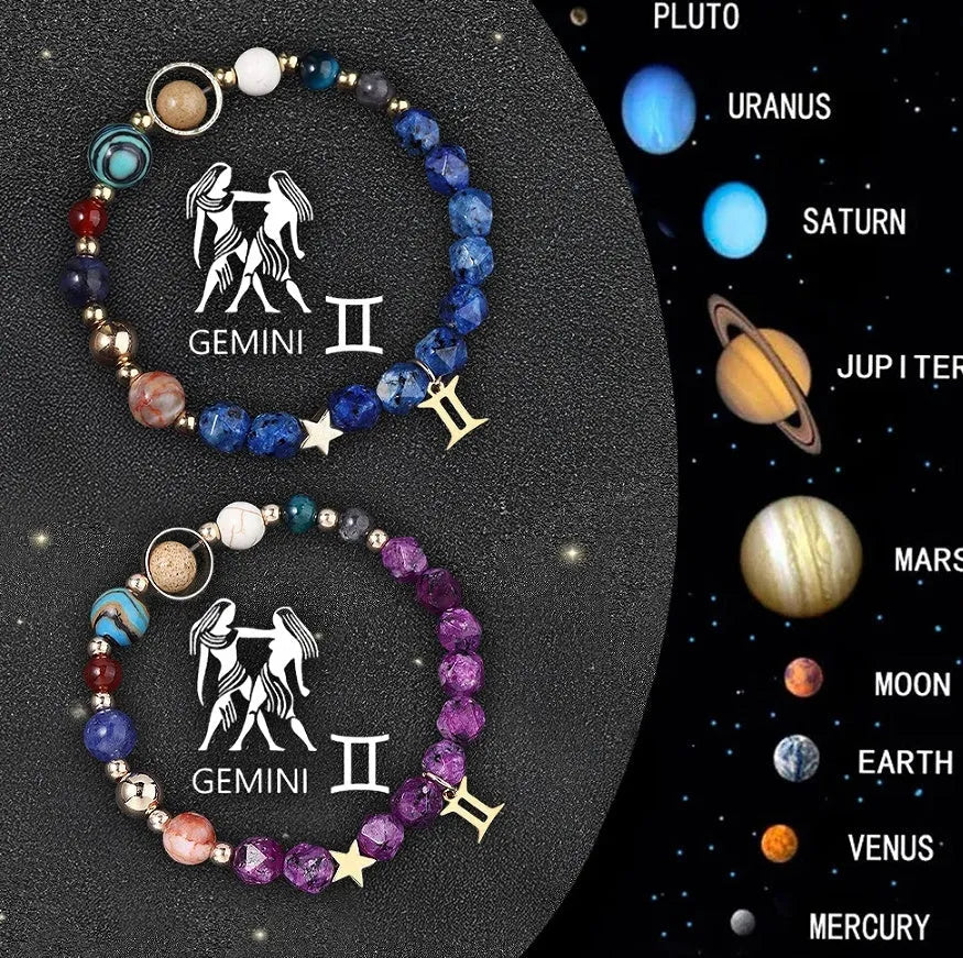 Two natural stone beaded bracelets with magnetic clasps showing different zodiac sign bead designs.