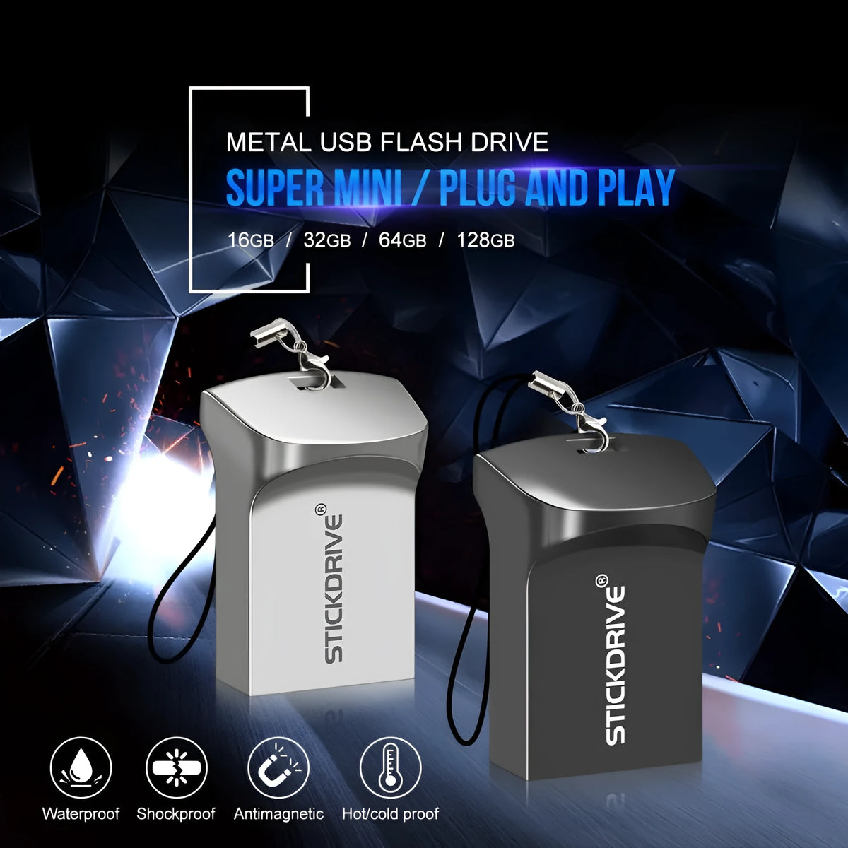 Metal car-shaped USB flash drive on a keychain in black and silver finishes.
