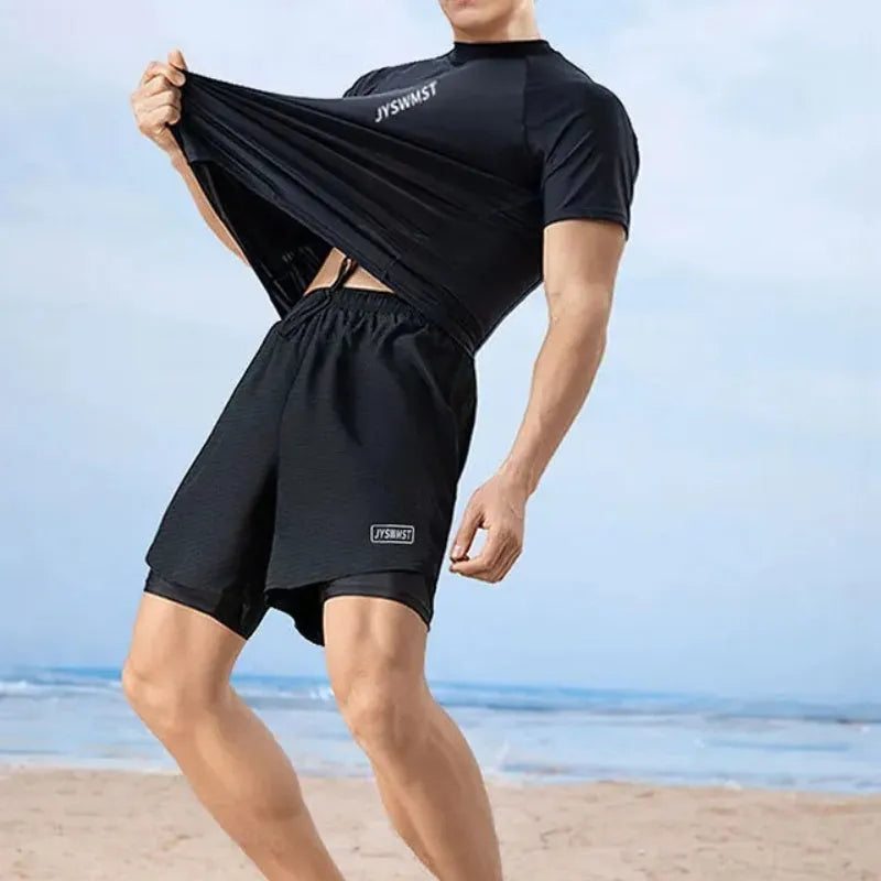 Men's patterned polyester swimsuit two-piece set showing top and pants components