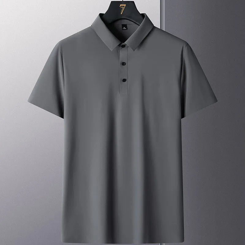Man wearing a solid colour non-ironing short sleeve business casual shirt in navy blue.