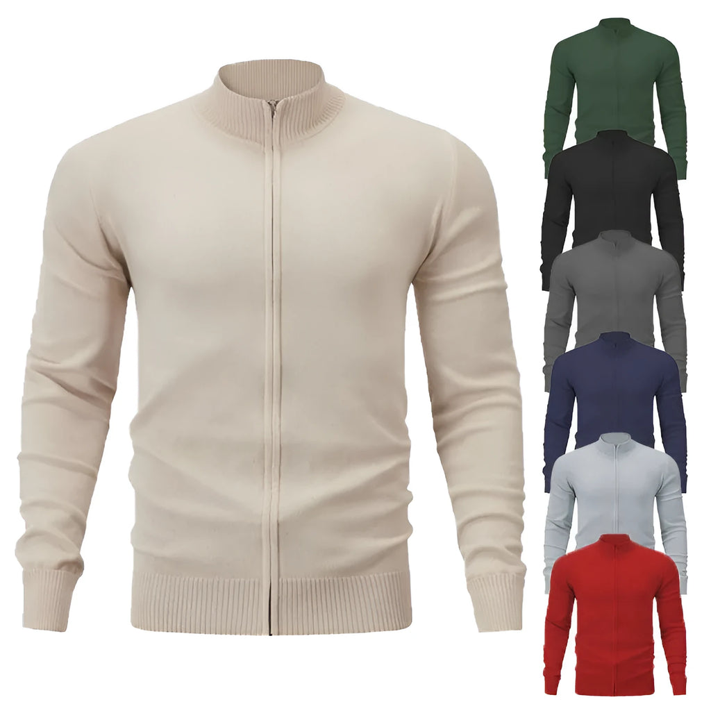 Cotton stand collar zipper cardigan sweater in a loose fit on a hanger.