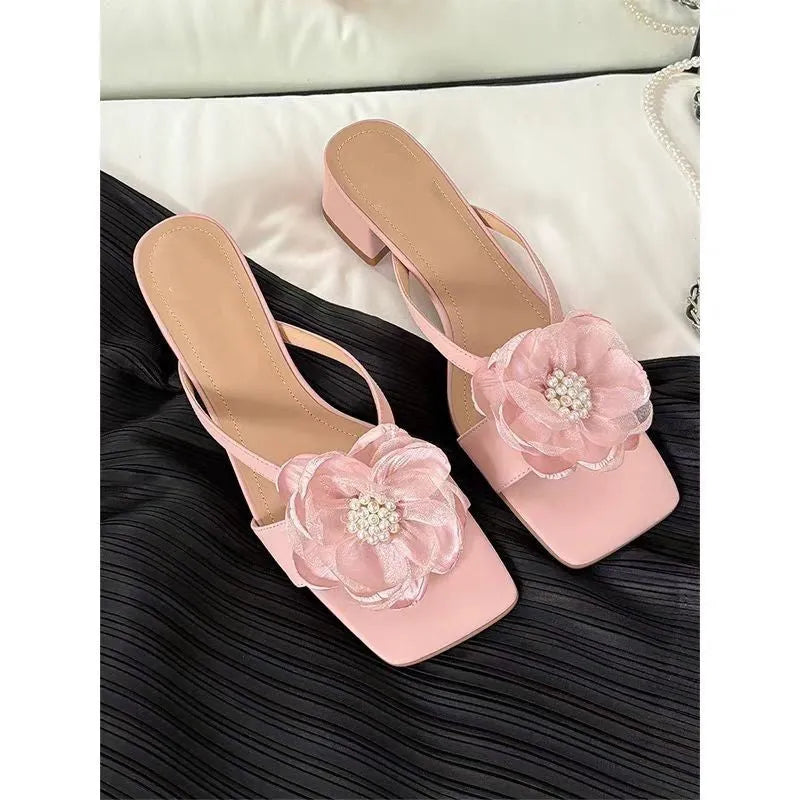 Women's chunky heel square toe sandals with satin upper in cream-white colour, Korean style one-line strap design