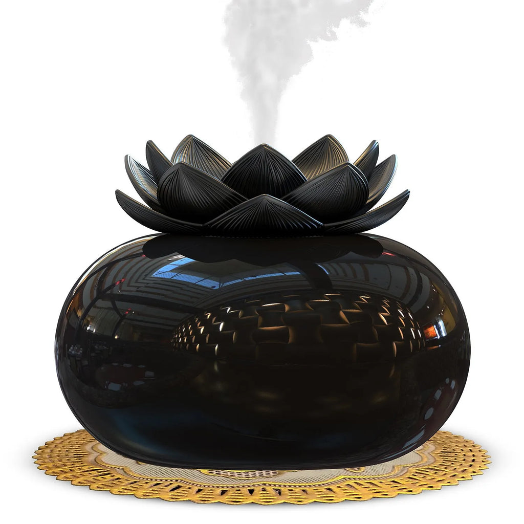 Round pure black lotus aromatherapy humidifier with USB cable and ceramic construction