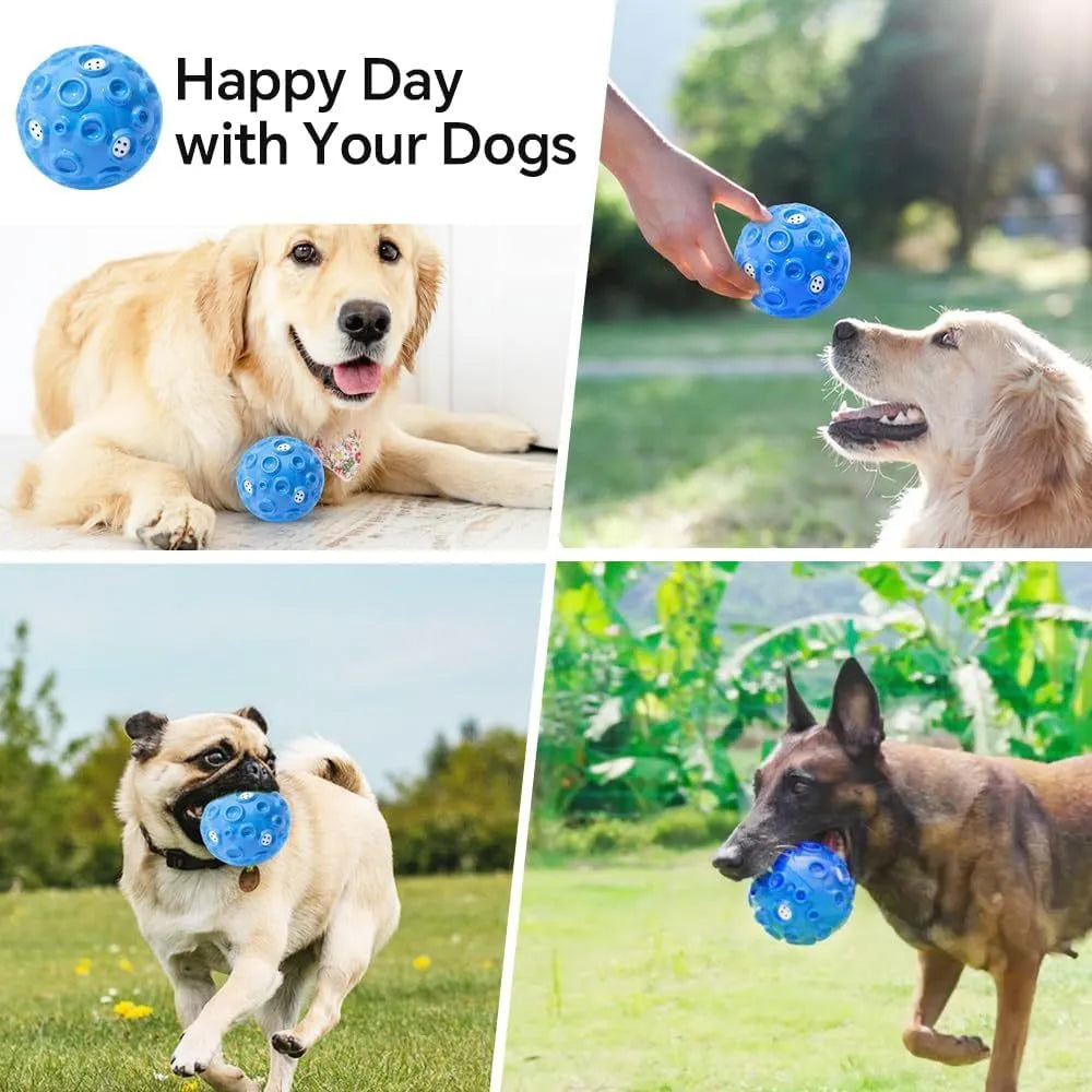 Durable natural rubber dog ball toy with squeaker and teeth-cleaning bumps for aggressive chewers