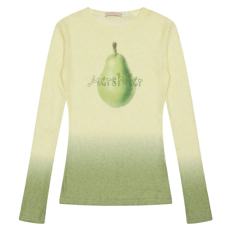 Yellow green gradient flower print on women's long-sleeve polyester T-shirt