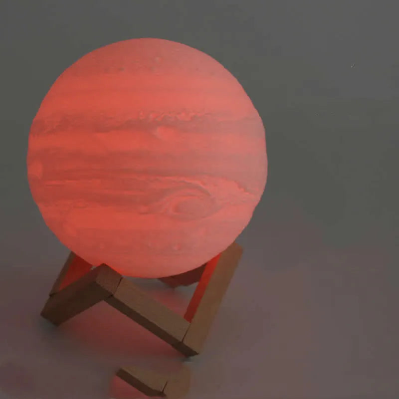 3D printed moon lamp on wooden stand showing touch ring and detailed lunar surface