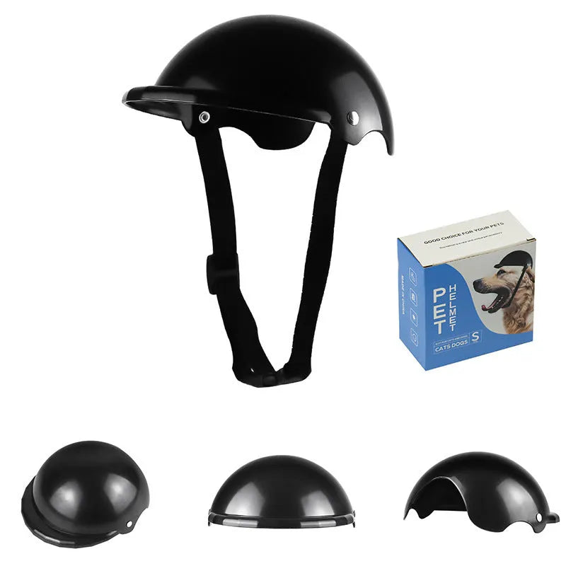 Small S size plastic pet safety helmet for motorcycles, shown in pink, black, yellow, and green colour options.