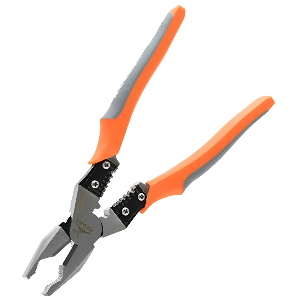 Orange 9-inch multi-function wire cutter pliers with chrome steel head and textured plastic handles